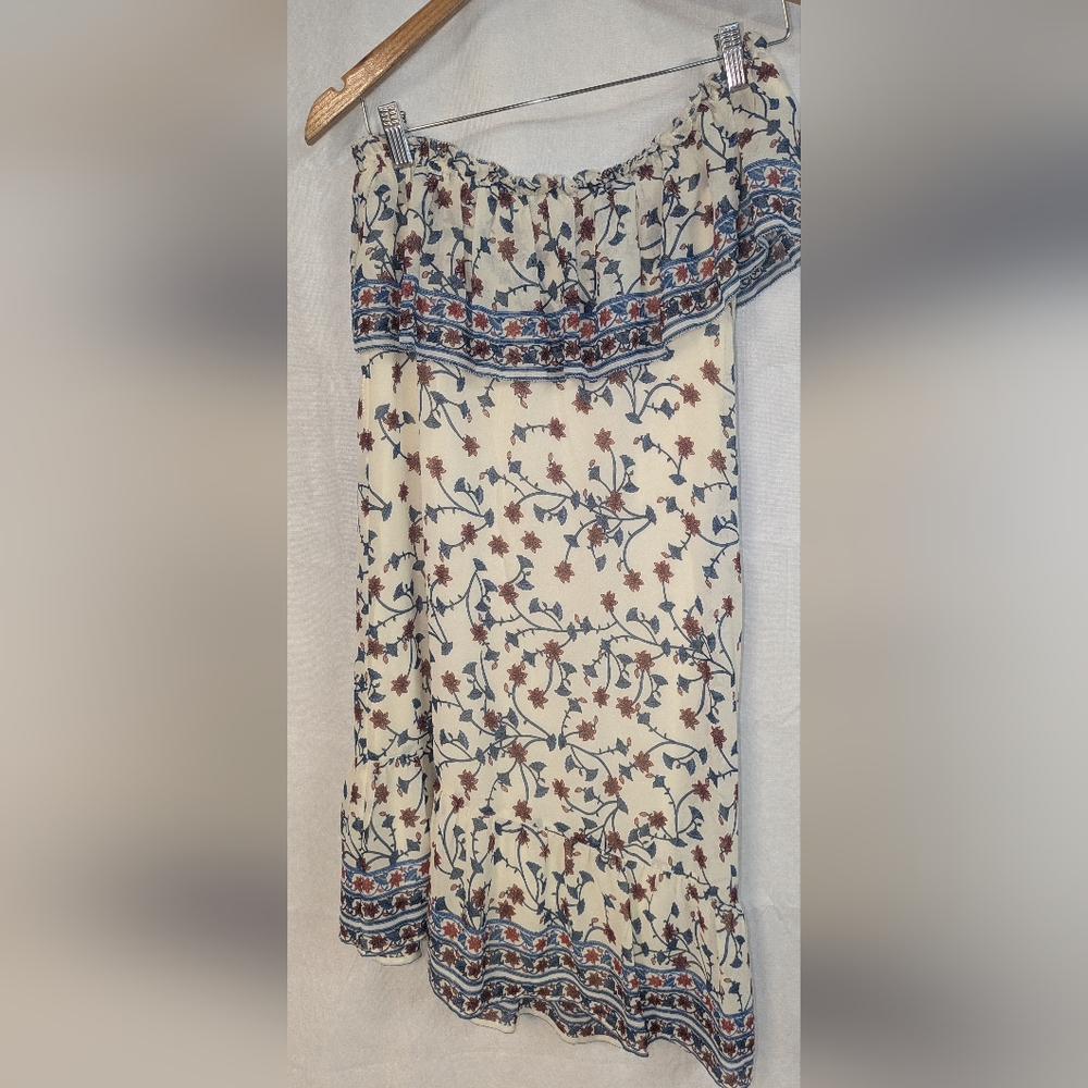 SUNCOO Floral Ruffle Dress in Cream and Blue